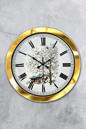 36 Cm Gold Metal Köy Evi Duvar Saati