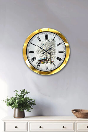36 Cm Gold Metal Köy Evi Duvar Saati