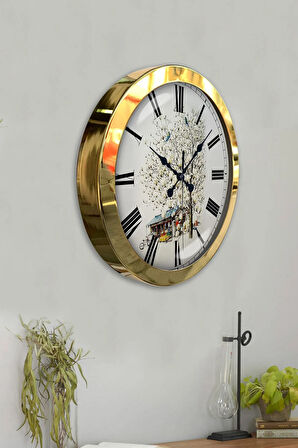 36 Cm Gold Metal Köy Evi Duvar Saati