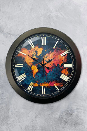 Hediyelik 36 Cm Siyah Metal Dünya Duvar Saati