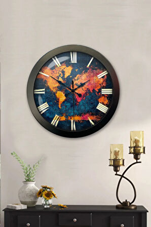 Hediyelik 36 Cm Siyah Metal Dünya Duvar Saati