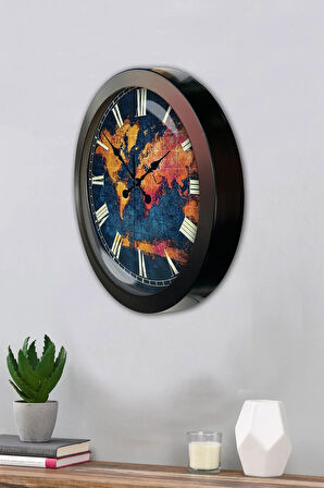 Hediyelik 36 Cm Siyah Metal Dünya Duvar Saati