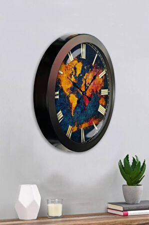 Hediyelik 36 Cm Siyah Metal Dünya Duvar Saati