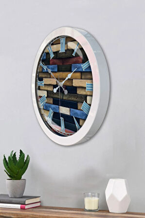 Hediyelik 36 Cm Beyaz Metal Wood Duvar Saati