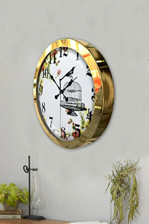 Hediyelik 36 Cm Gold Metal Kuş Duvar Saati