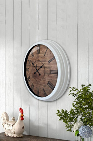 40 Cm Beyaz Metal Ahşap Görünümlü Duvar Saati