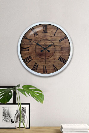 40 Cm Beyaz Metal Ahşap Görünümlü Duvar Saati