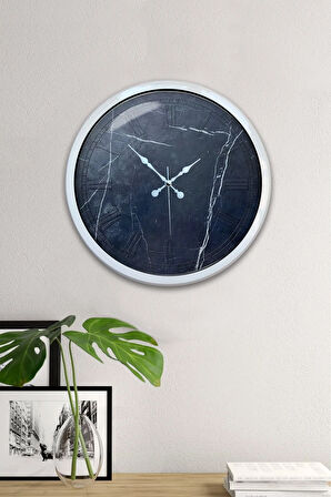 40 Cm Beyaz Metal Black Marble Duvar Saati