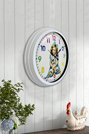 40 Cm Beyaz Metal Genç Kız Duvar Saati