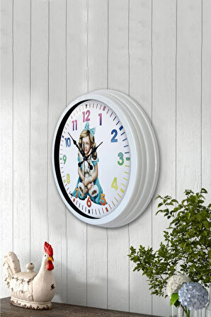 40 Cm Beyaz Metal Genç Kız Duvar Saati