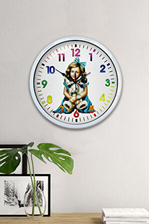 40 Cm Beyaz Metal Genç Kız Duvar Saati