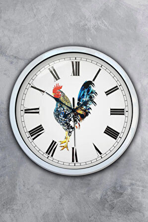 Hediyelik 40 Cm Beyaz Metal Horoz Duvar Saati