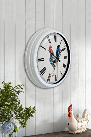 Hediyelik 40 Cm Beyaz Metal Horoz Duvar Saati