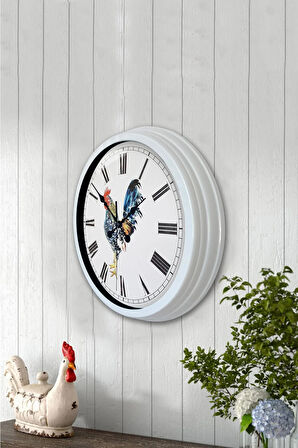 Hediyelik 40 Cm Beyaz Metal Horoz Duvar Saati