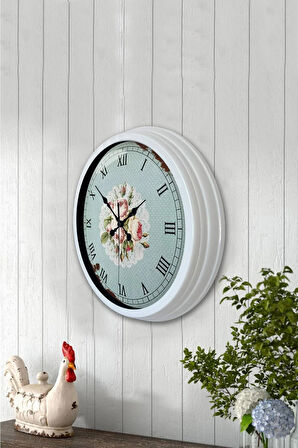 40 Cm Beyaz Metal Pink Rose Duvar Saati