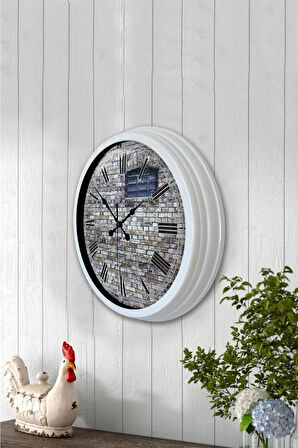 40 Cm Beyaz Metal Taş Yapı Duvar Saati