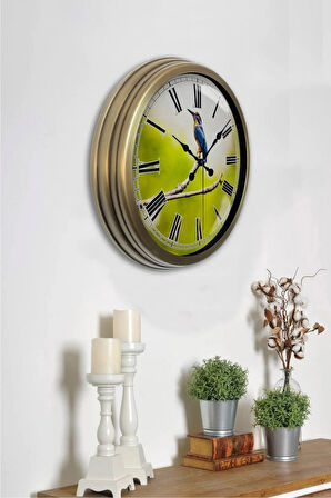 Eskitme Metal Dalda Kuş Duvar Saati 40 Cm