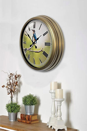 Eskitme Metal Dalda Kuş Duvar Saati 40 Cm