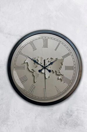 40 Cm Siyah Metal Beyaz Harita Duvar Saati