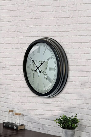 40 Cm Siyah Metal Beyaz Harita Duvar Saati