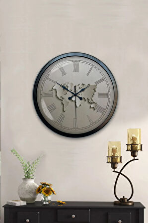 40 Cm Siyah Metal Beyaz Harita Duvar Saati