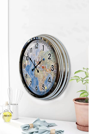 Hediyelik 40 Cm Krom Metal Harita Duvar Saati
