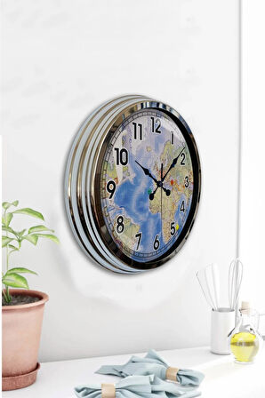 Hediyelik 40 Cm Krom Metal Harita Duvar Saati