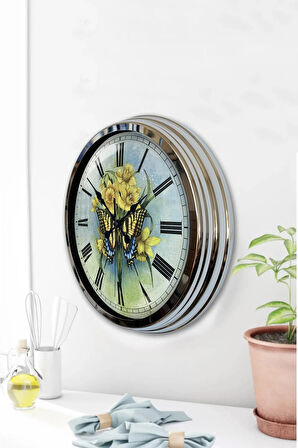 Hediyelik 40 Cm Krom Metal Kelebek Duvar Saati