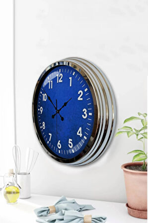 Hediyelik 40 Cm Krom Metal Mavi Duvar Saati