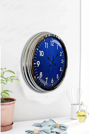 Hediyelik 40 Cm Krom Metal Mavi Duvar Saati