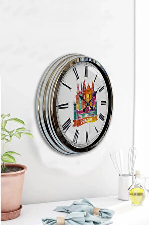 40 Cm Krom Metal Prague Temalı Duvar Saati