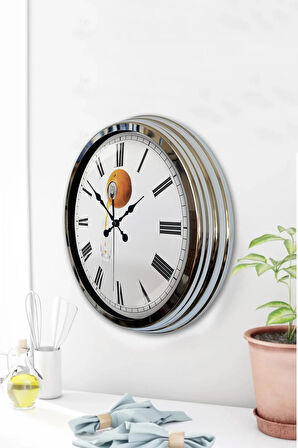 Hediyelik 40 Cm Krom Metal Portakal Duvar Saati
