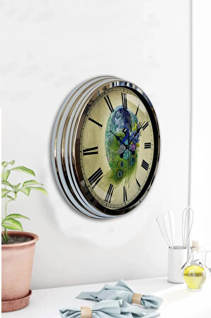 Hediyelik 40 Cm Krom Metal Tavuskuşu Duvar Saati