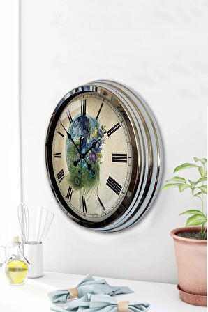 Hediyelik 40 Cm Krom Metal Tavuskuşu Duvar Saati