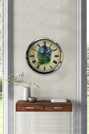 Hediyelik 40 Cm Krom Metal Tavuskuşu Duvar Saati