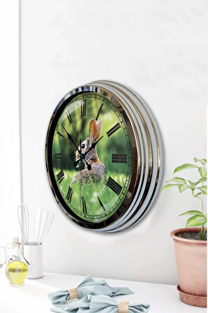 Hediyelik 40 Cm Krom Metal Tavşan Duvar Saati