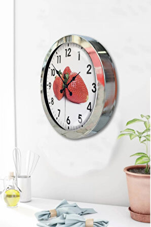 Hediyelik 36 Cm Krom Metal Çilek Duvar Saati