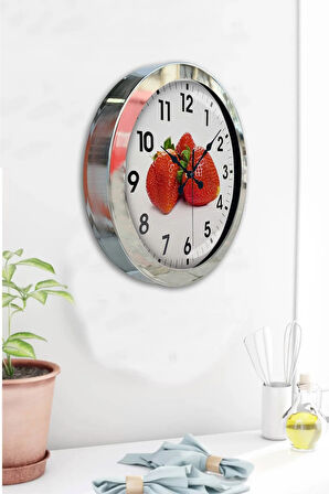 Hediyelik 36 Cm Krom Metal Çilek Duvar Saati