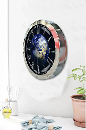 Hediyelik 36 Cm Krom Metal Dünya Duvar Saati