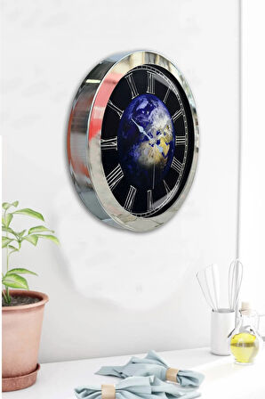 Hediyelik 36 Cm Krom Metal Dünya Duvar Saati