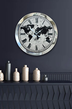 Hediyelik 36 Cm Krom Metal Harita Duvar Saati