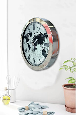 Hediyelik 36 Cm Krom Metal Harita Duvar Saati