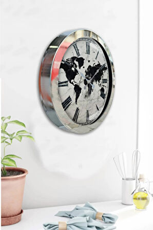 Hediyelik 36 Cm Krom Metal Harita Duvar Saati