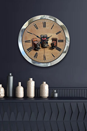 36 Cm Krom Metal Fotoğraf Makinesi Duvar Saati