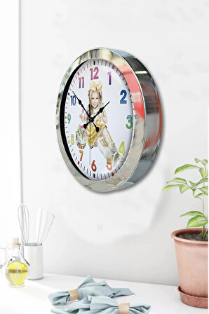 36 Cm Krom Metal Genç Kız Duvar Saati