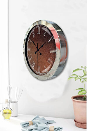 Hediyelik 36 Cm Krom Metal Kahverengi Duvar Saati