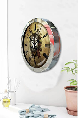 Hediyelik 36 Cm Krom Metal Kurt Duvar Saati