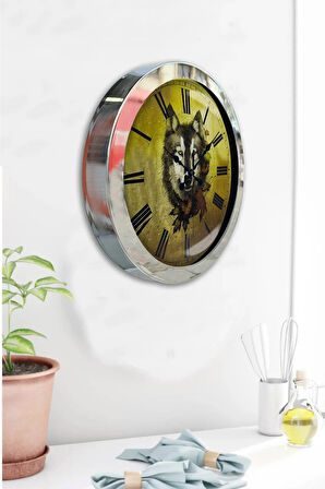 Hediyelik 36 Cm Krom Metal Kurt Duvar Saati