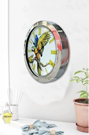 Hediyelik 36 Cm Krom Metal Papağan Duvar Saati