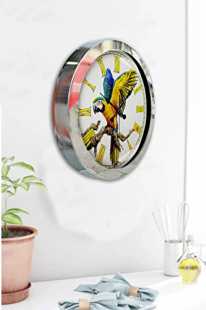 Hediyelik 36 Cm Krom Metal Papağan Duvar Saati
